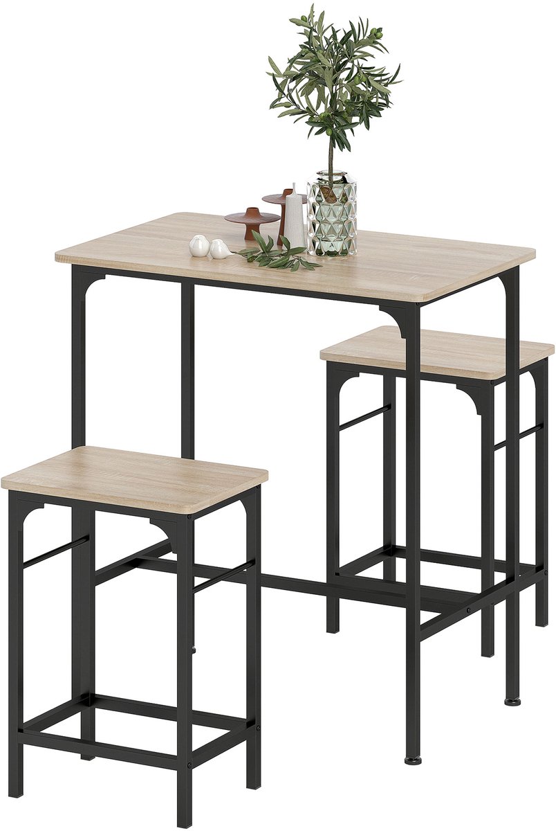 Bartafelset met 2 barkrukken - stalen frame voor keuken- eetkamer en woonkamer - natuurlijke houtlook