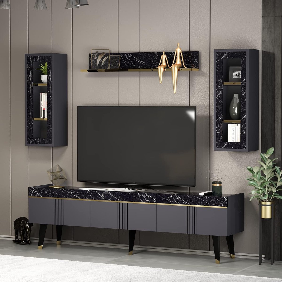 TV meubel 160x32x48 cm, modern design, 3 deuren, anthracit / marmer effect, robuuste constructie, multifunctioneel, eenvoudige montage - Industrohome