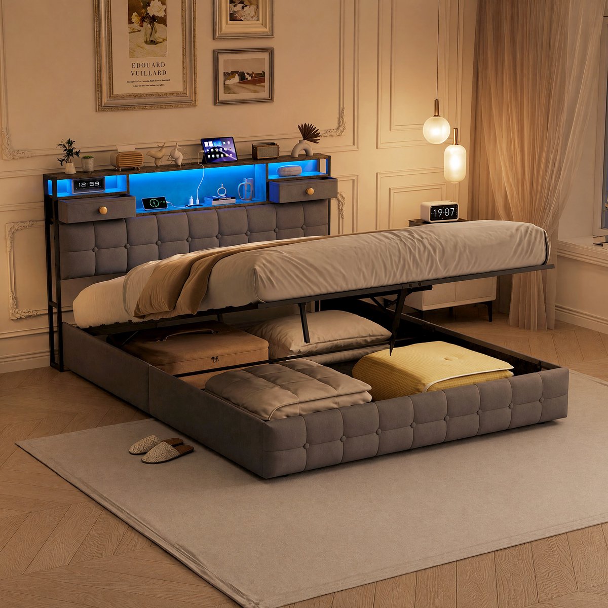 Tweepersoons opbergbed 160x200 cm - Grijs - Hydraulisch Bedframe met Ruime Opbergruimte, Hoofdbord met 2 Lades, RGB LED-Verlichting, USB & Type-C Oplaadpoorten