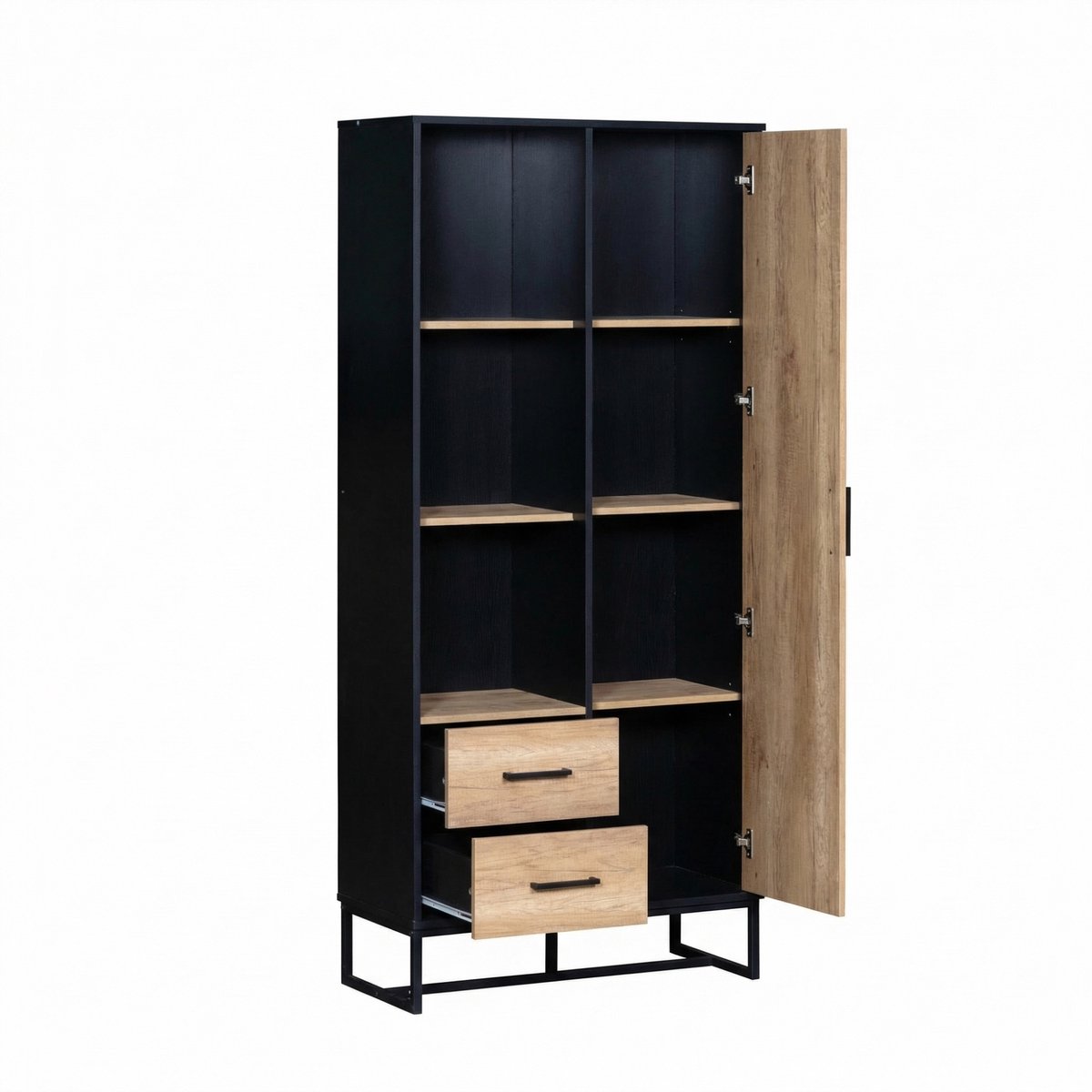 Opbergkast - Hoge Kast 180 Cm Met Deur En Laden - Kast Met Open Vakken Voor Woonkamer, Kantoor Of Hal - MDF Met Houten Look En Zwart Frame
