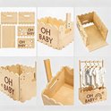 Montage van een houten opbergkrat met 'OH BABY' tekst. Zijaanzichten tonen de onderdelen en constructie.