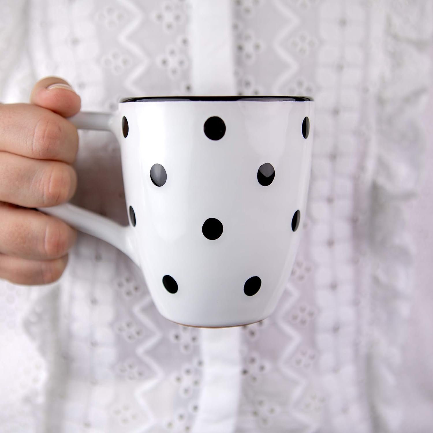 City to Cottage Wit Zwart | Polka Dot | Handgemaakt Handgeschilderd | Keramiek 300ml | Chocolademelk, Koffie, Thee Mok Met Groot Handvat | Cadeau