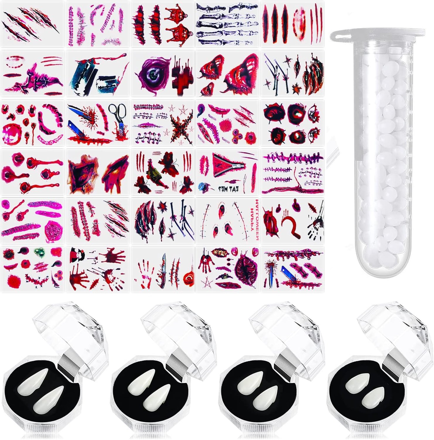 4 paar vampiergebit, 30 stuks tijdelijke Halloween-tatoeages, vampiertanden, valse tanden, bloedzuigers, accessoire, perfect voor Halloween + 1 tube tandpellets lijm