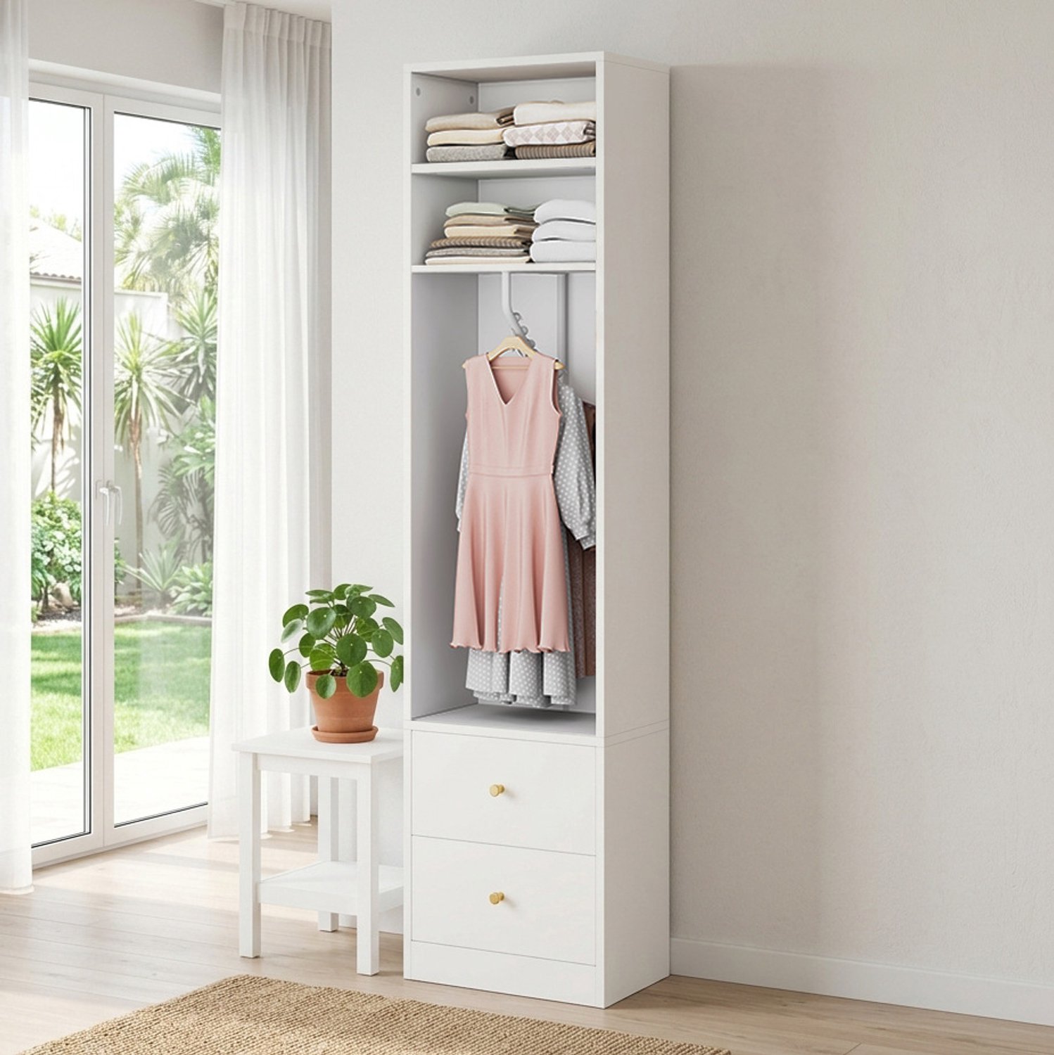 REDOM Smalle open kledingkast 50 x 30 x 200 cm - Kledingroede en 2 lades - Wit