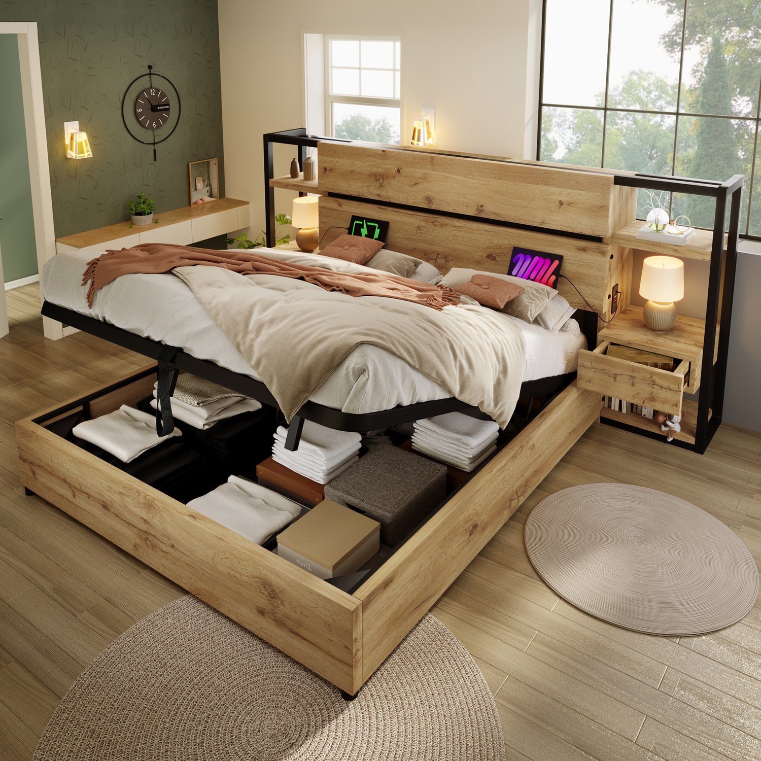 Zubaliya Bedframe - 160 x 200 cm - Eiken - MDF, metaal - Hydraulische opbergruimte - Lades - USB-aansluiting - USB-C