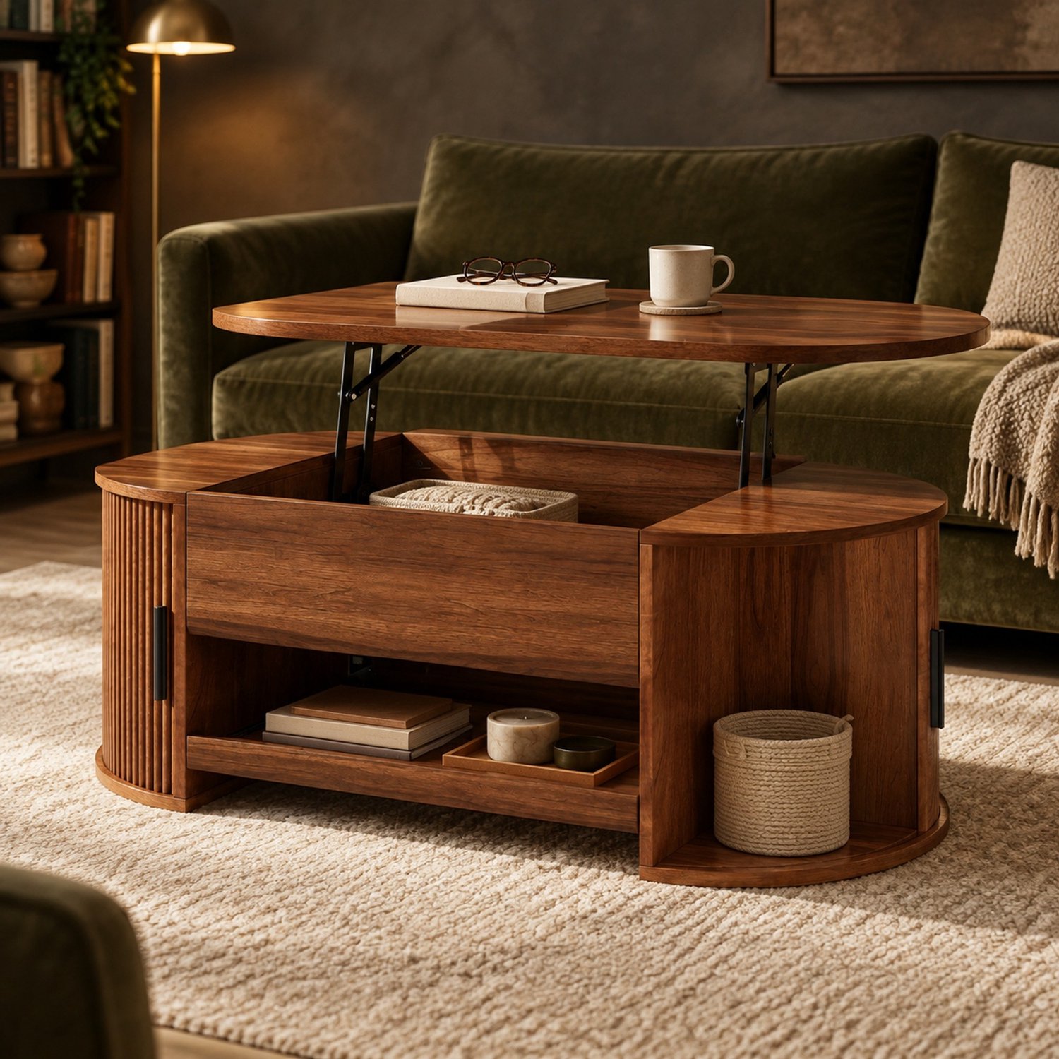 MODENUIT Salontafel - Hefblad Met Bergvak - Schuifdeuren Voor de Woonkamer - MDF Walnootkleur - 110x55x55 Cm