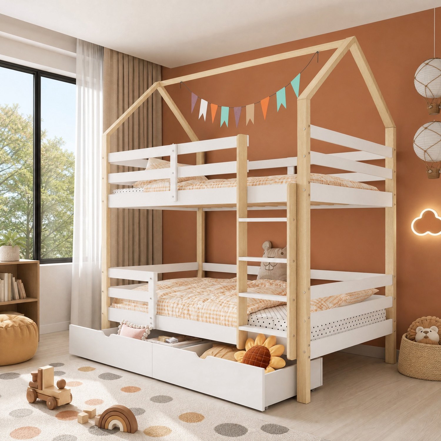 Maisentiel Kinderstapelbed in huisvorm 90 x 200 cm met lades en lattenbodem - wit en eikenkleur Wit en naturel houtkleur