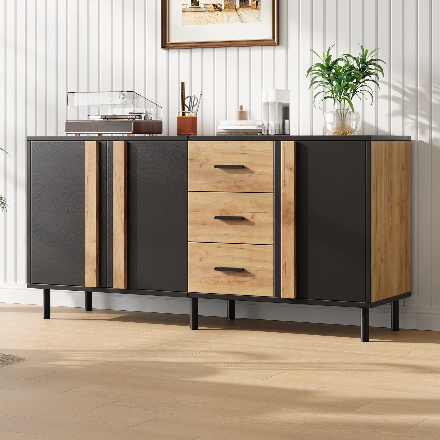 DantefHandels Bijzettafel en Opbergkast, Dressoir 140 x 35 x 70 cm, MDF, 3 deuren en 3 laden, 6 stevige metalen poten, zwart en naturel houtkleur, bijzettafel en opbergkast