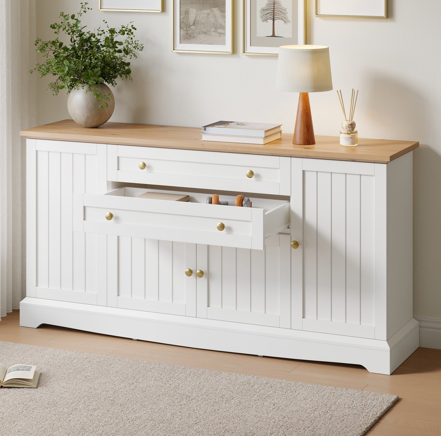 MODENUIT Dressoir - 4 Deuren En 2 Laden - Verstelbare Legplanken Voor Woonkamer - MDF Wit - 160x38x78,5 Cm
