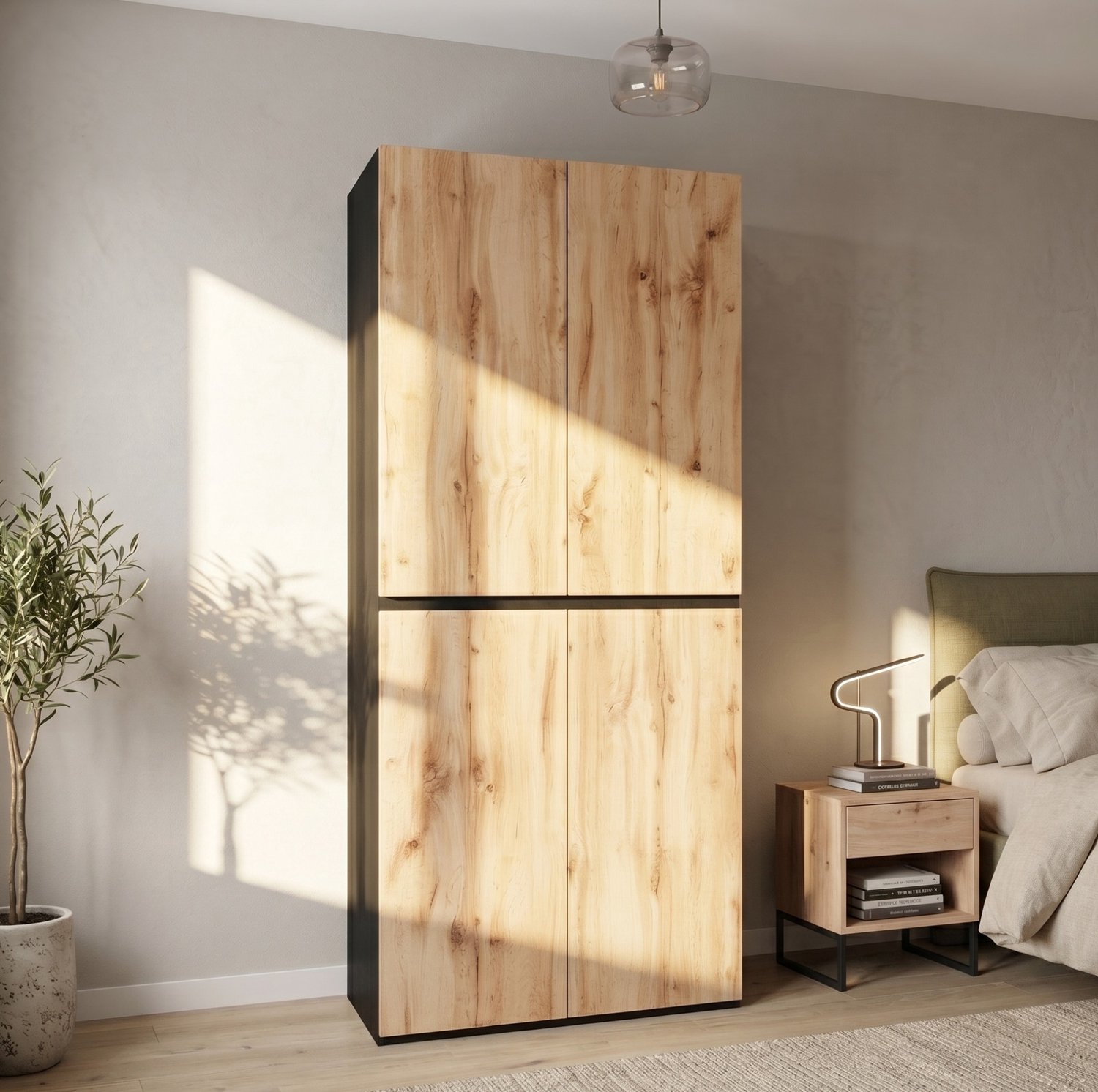 HAUSS SPOLE Kledingkast - Vier Deuren met Sieradenlade - Voor Slaapkamer en Hal - MDF en Spaanplaat - Eikenkleur met Zwart - 90 x 50 x 200 cm Eikenkleur met zwarte accenten