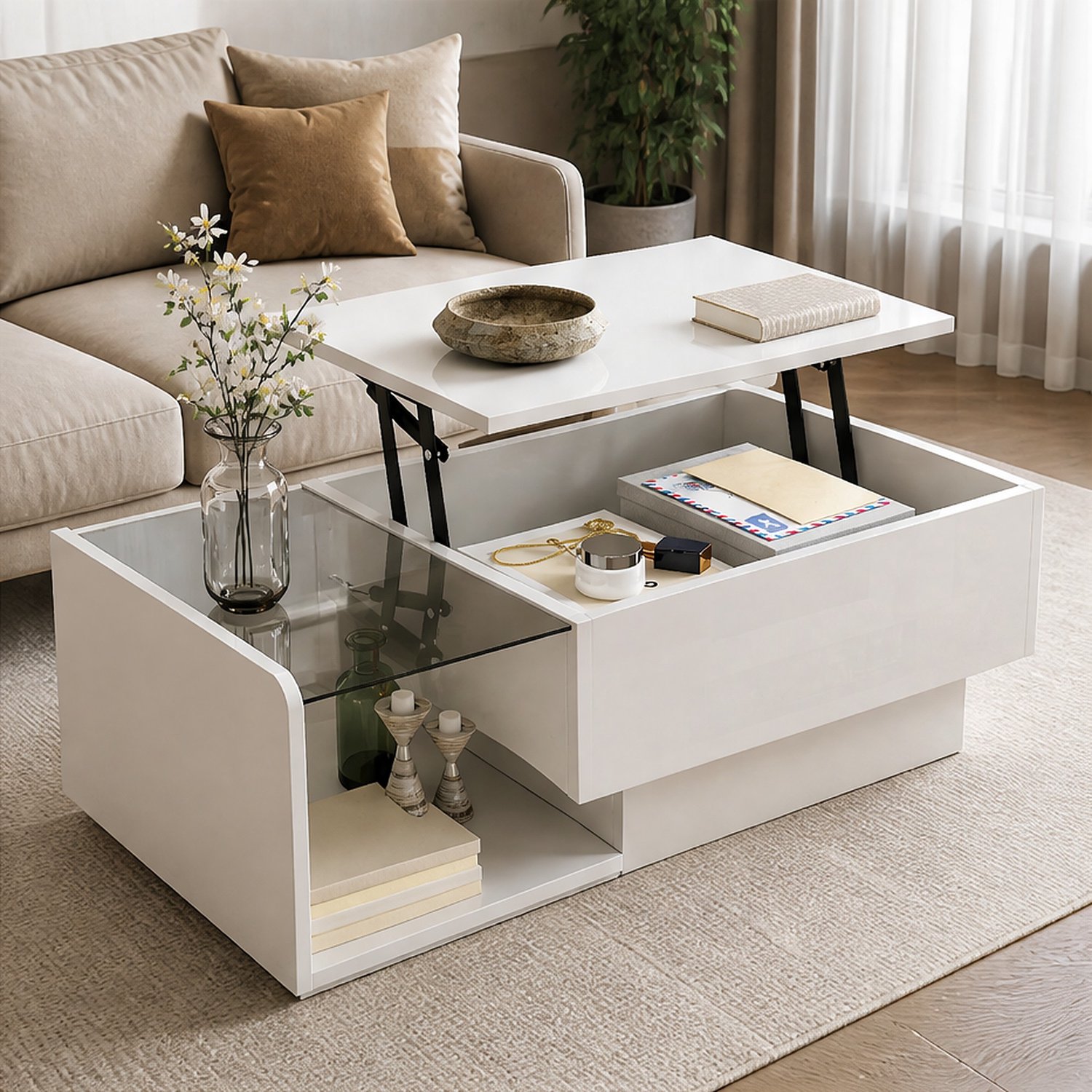 City long dragon LONG DRAGON - Salontafel - 100x50 cm wit hoogglans - lift-top 33-47,5 cm met glazen blad en app-LED
