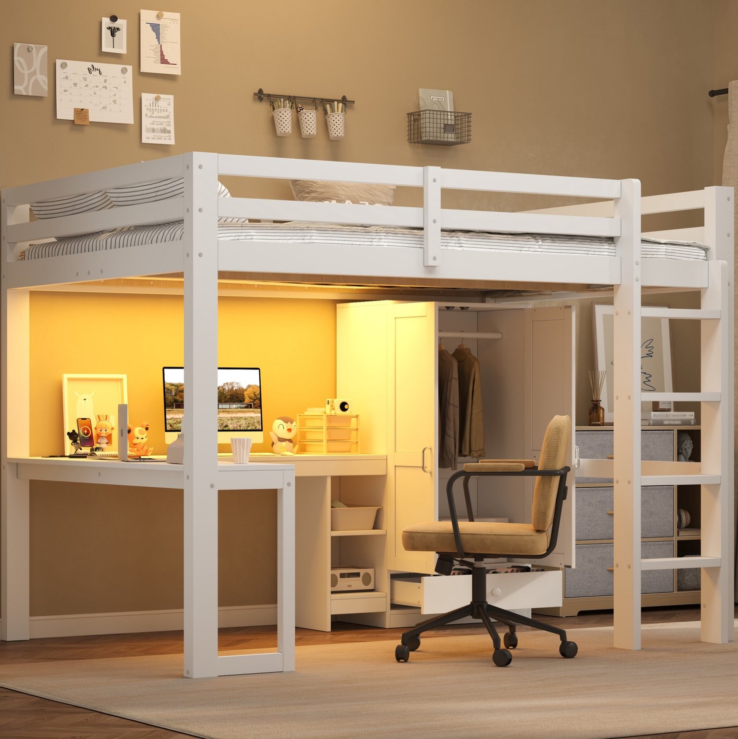 MODFU Hoogslaper Met Bureau, Kledingkast En LED-Verlichting - Wit - 140 X 200 Cm