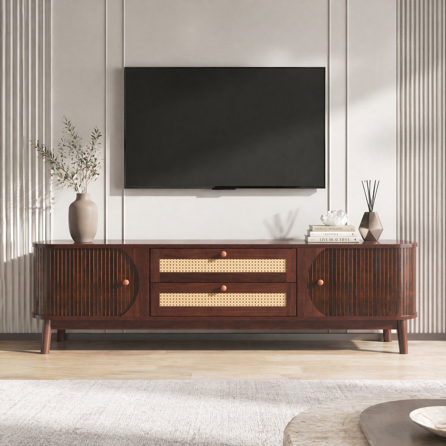 Maisentiel Tv-meubel met kastdeuren en 2 rotan lades - walnootkleur - 170 cm Walnootbruin