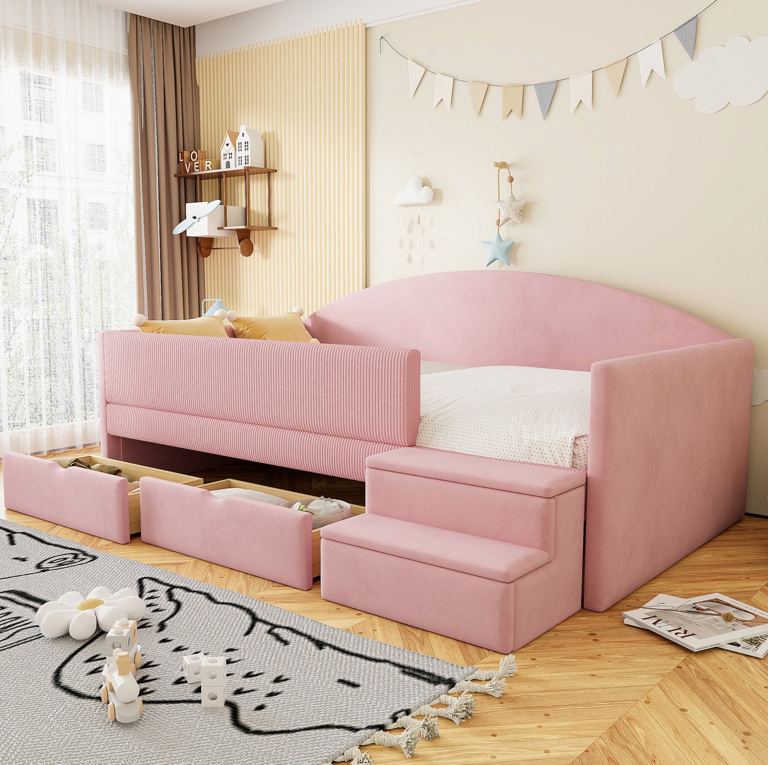 Maisentiel Kinderbed 90 x 190 cm - roze fluweel - 2 lades, opstap en gestoffeerde bedrand
