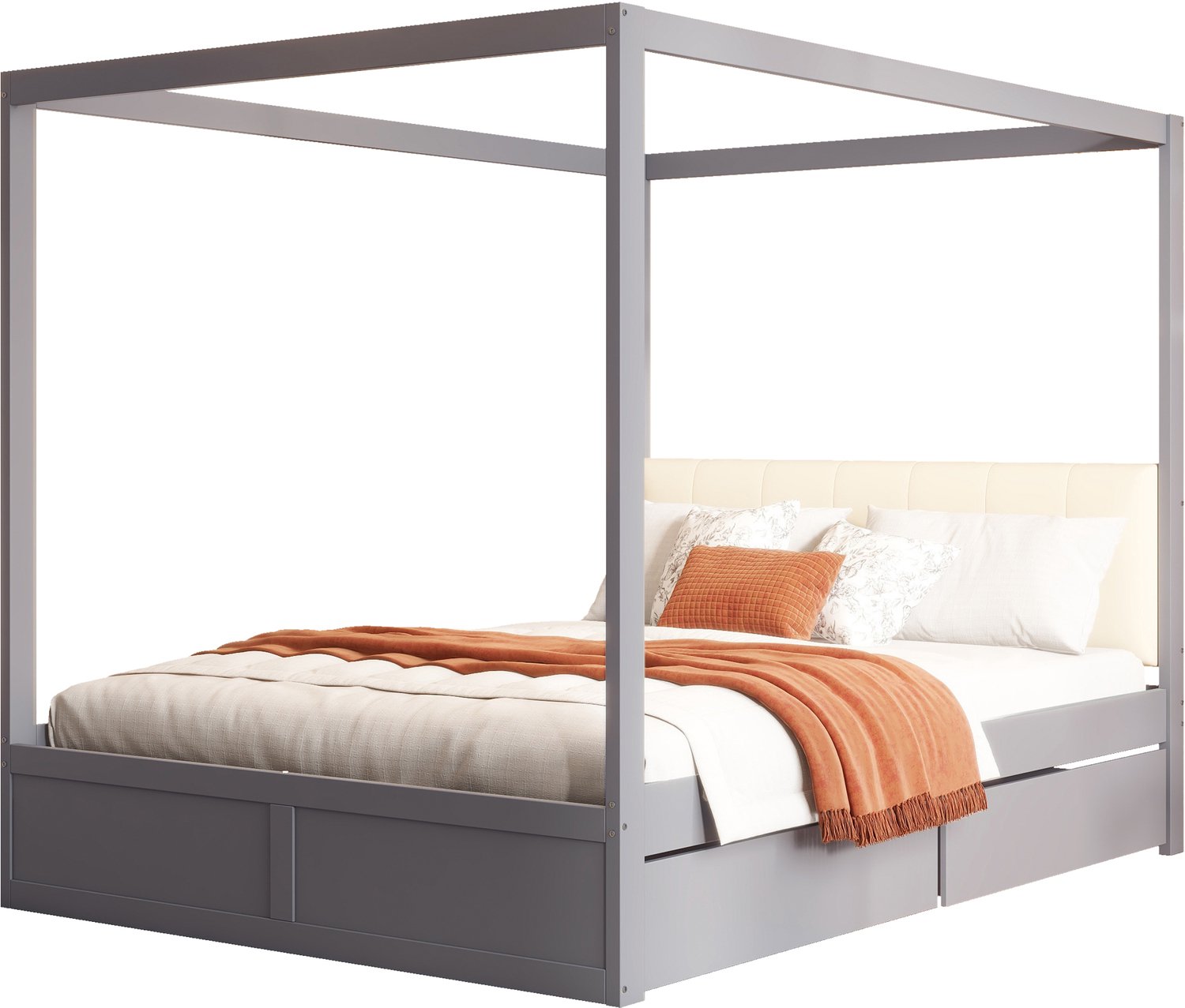 MUVANO Hemelbed 140x200 cm - Houten tentbed voor kinderen - Twee opberglades - Zachte gestoffeerde rugleuning - 15 latten - Voor de kinderkamer Grijs