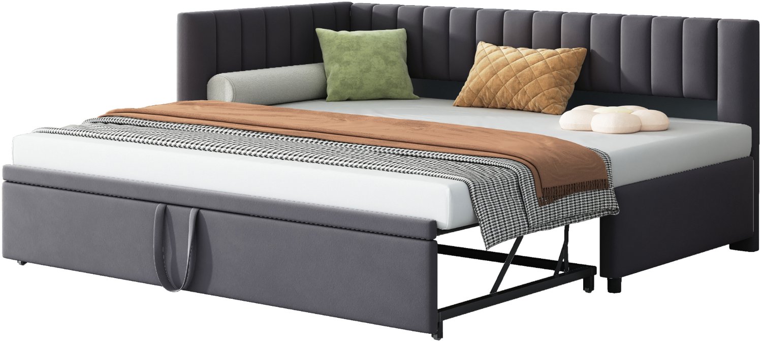 MUVANO Slaapbank met uitschuifbed - L-vormig - Fluwelen bekleding - 90 x 200 cm - Met rugleuning en hoofdbord - Kinderkamer en logeerkamer - Grijs