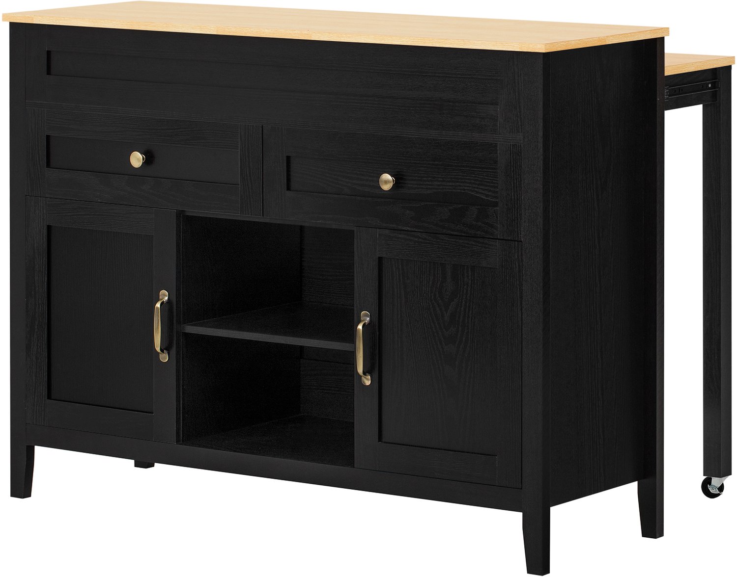 MUVANO Zwart keukeneiland met uitschuifbare eettafel - MDF met licht houtlook werkblad - 2 lades en kastdeuren - 120 x 40-76 x 92 cm - Keuken