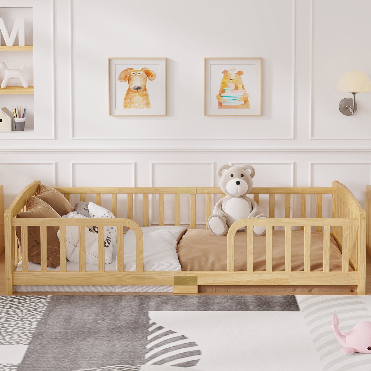 Merax Bodemvrij bed 90x200 cm - met veiligheidsranden en centrale ingang - hout