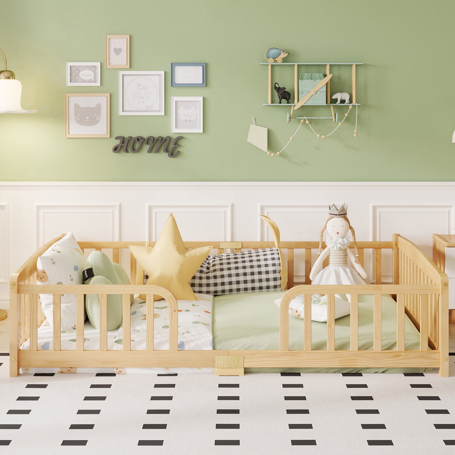 Merax Bodemvrij bed 140x200 cm - met veiligheidsranden en centrale ingang - hout