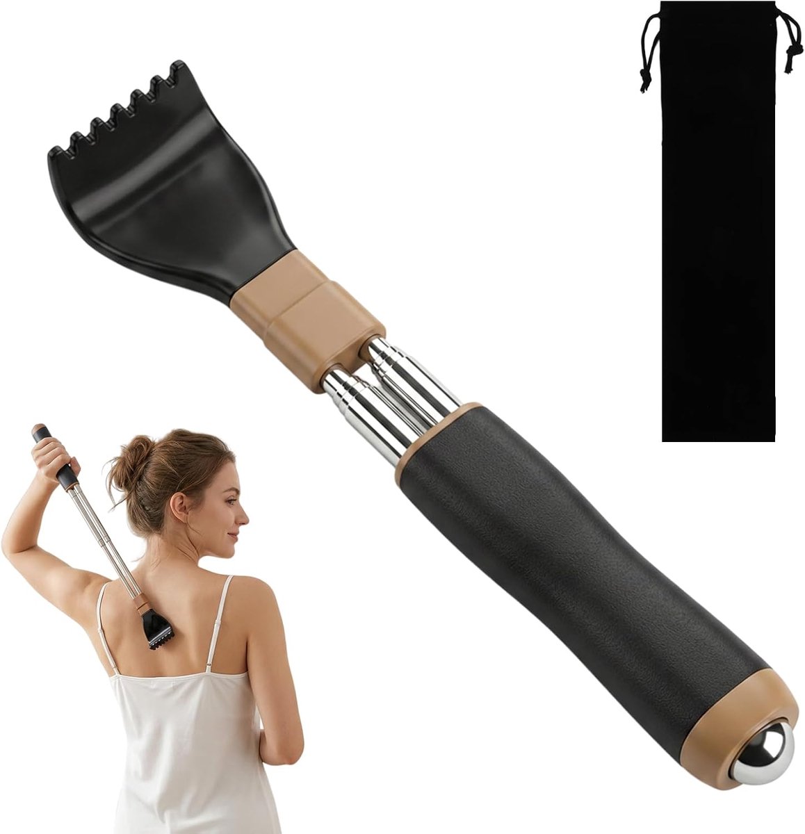 Back Scratcher, Telescope, Extendable Double Rod, Scratching Hand with Massage Balls and Velvet Pouch, Stable Back - ShopVlot
