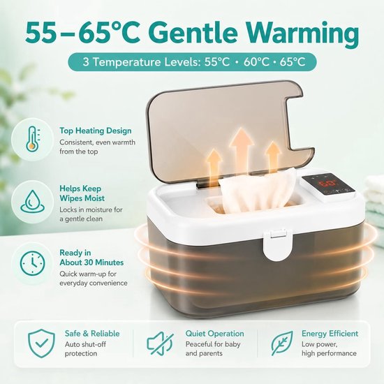 VHV - Babydoekjesverwarmer - Met nachtlampje - Energiebesparing - 5 temperatuurstanden - Voor thuis babyverzorging - Warme doekjes dispenser - Draagbare Doekjeswarmer - USB vochtige doekjesdispenser voor vochtige doekjes - Wit — afbeelding 3
