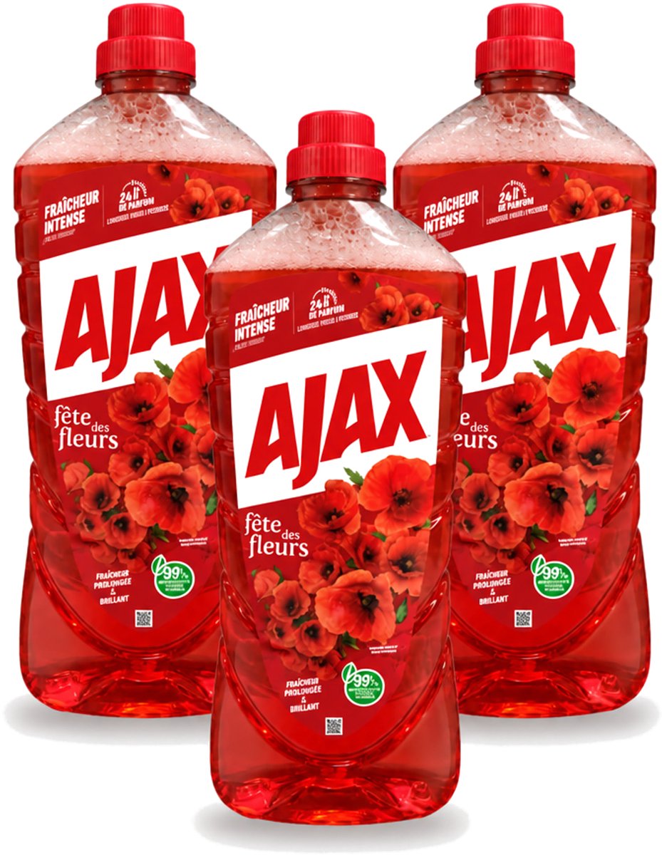 3 x Ajax – Allesreiniger – Rode Bloemen – 1,25 L - Bulkverpakking - 3 stuks