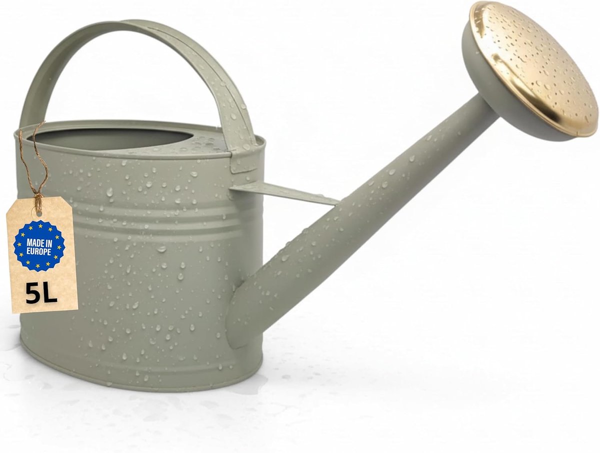 SnelShoppen - Watering Can 5L - Hoge Kwaliteit Metalen Gieter voor Tuin en Balkon - Retro Groen met Messing Douche - Ideaal voor Buiten en Tuinieren
