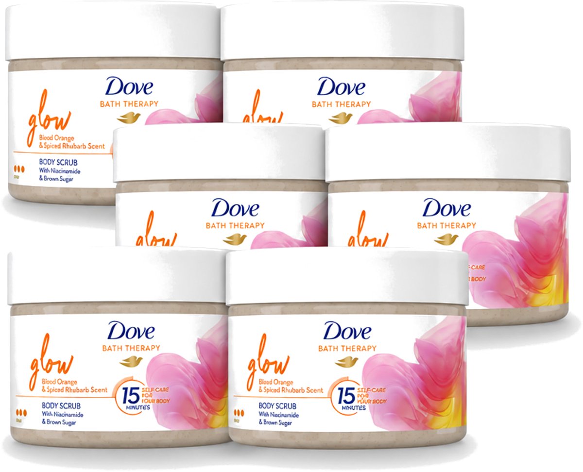 6 x Dove Bath Therapy Glow - Bodyscrub - Bloedsinaasappel & Rabarber - 295 ml - Voordeelverpakking - 6 stuks