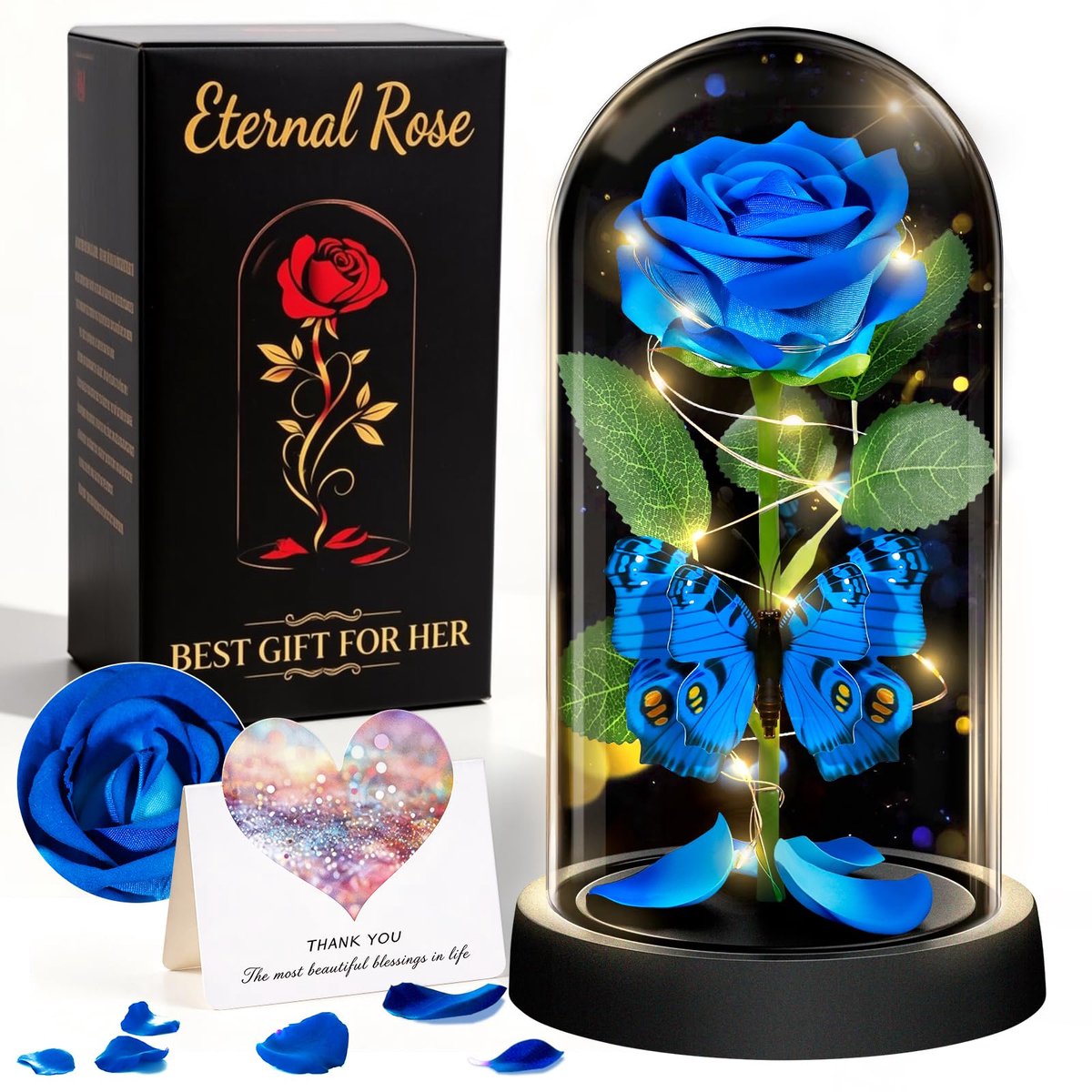 HAOCEE Eeuwige Blauwe Roos met LED Vlinders, Verjaardagscadeau voor Vrouwen, Moeders, Echtgenotes en Vriendinnen - ShopVlot