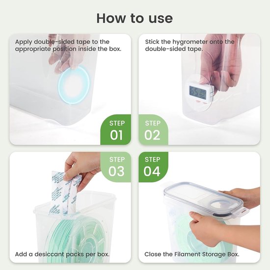 4-delige filamentopslagdoos set – 4L luchtdicht met thermohygrometers, desiccant en labels voor 1.8 mm PLA ABS PETG TPU spoelen van 1 kg — afbeelding 2