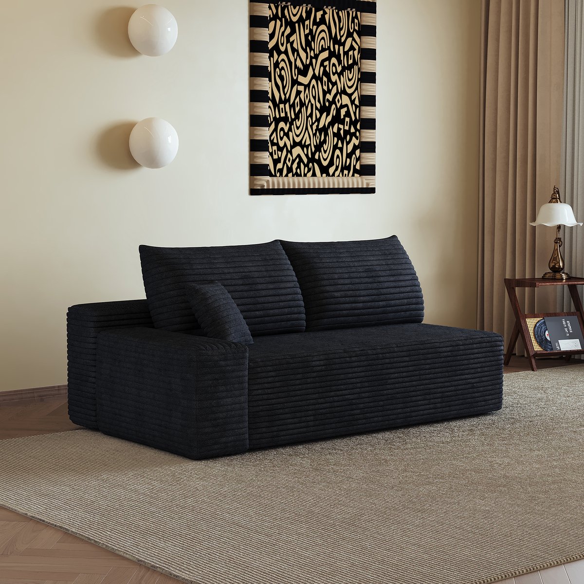 2-Zits Slaapbank 175 Cm - Linkse Chaise Longue Zonder Montage - Zachte Ribfluwelen Stof - Voor Woonkamer, Appartement En Slaapkamer - Zwart
