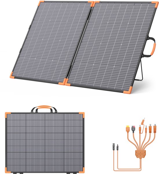 Opgevouwen en opengevouwen zonnepaneel met oranje accenten en kabels.