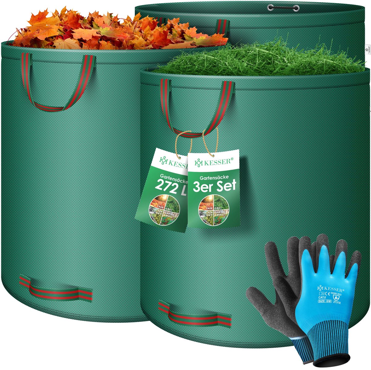KESSER® Tuinzak set 3x 272 L - Zelfstaand met 4 handvatten - Opvouwbaar, met handschoenen - Antraciet