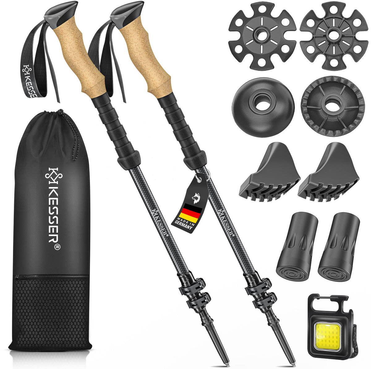 KESSER® Wandelstokken - telescopische trekkingstokken carbon - kurken greep - verstelbaar 105-135 cm