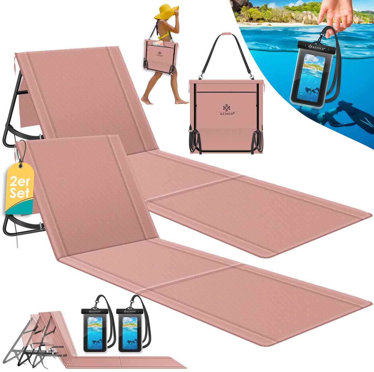 KESSER® Strandmat opvouwbaar - Verstelbare rugleuning en draagriem - Tot 130 kg - Set van 2 - Roze