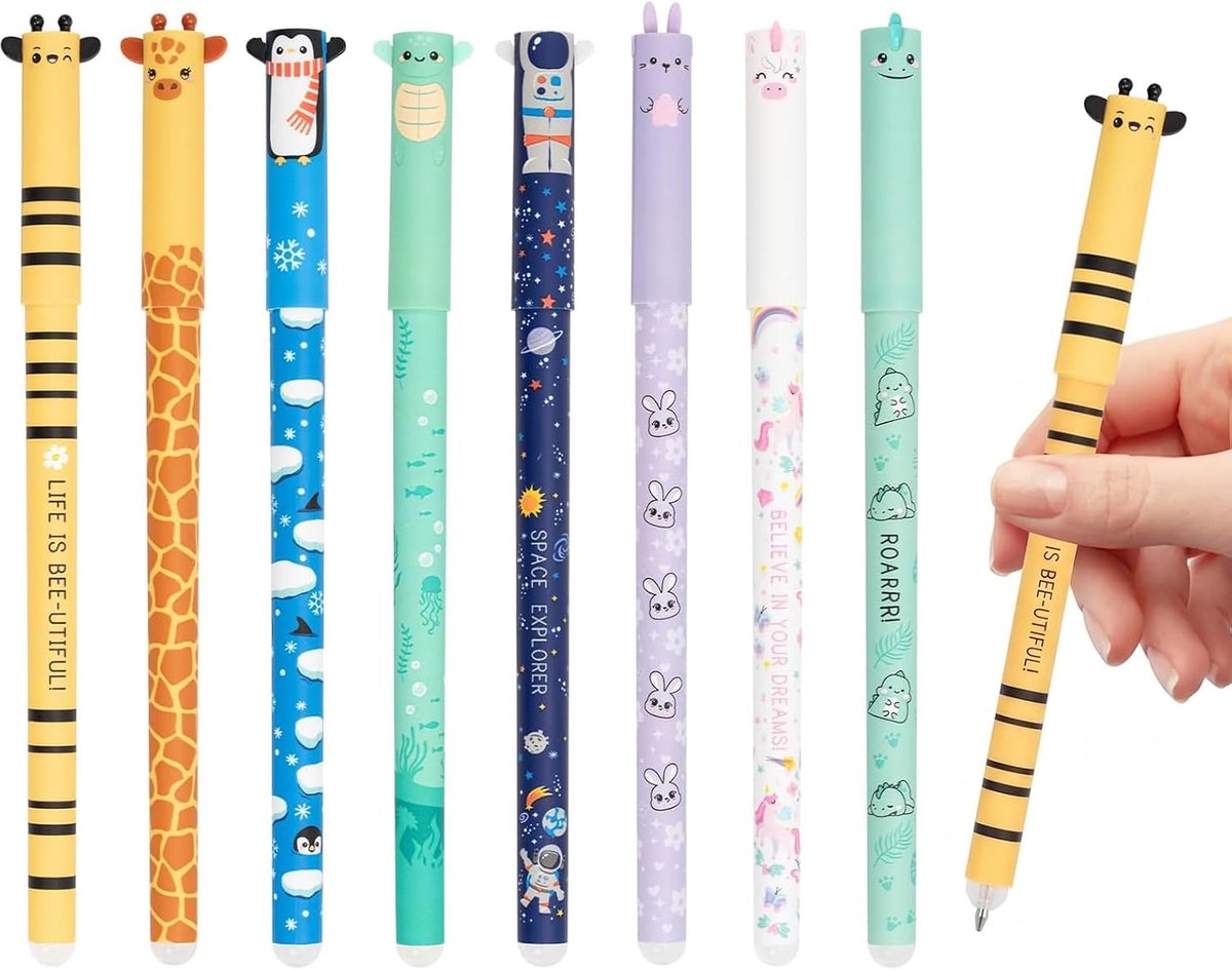 Set van 8 uitwisbare gelpennen, uitwisbare pen, schattige uitwisbare pennen met diertekeningen, puntdiameter 0,5 mm - ShopVlot