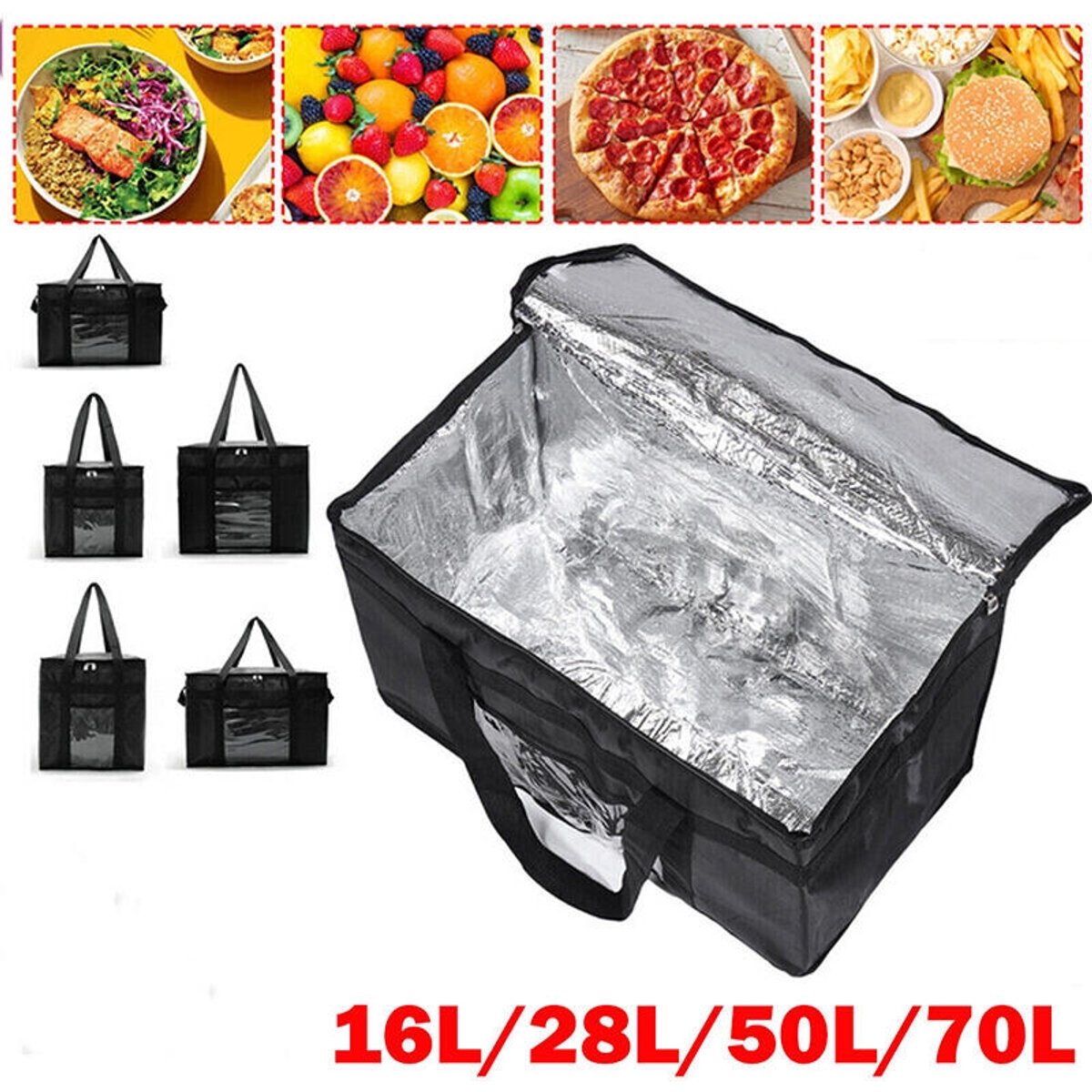 70L geïsoleerde thermische koeltas - Draagbare lunchtas met grote capaciteit, rits en aluminiumfolie binnenvoering - Zwart