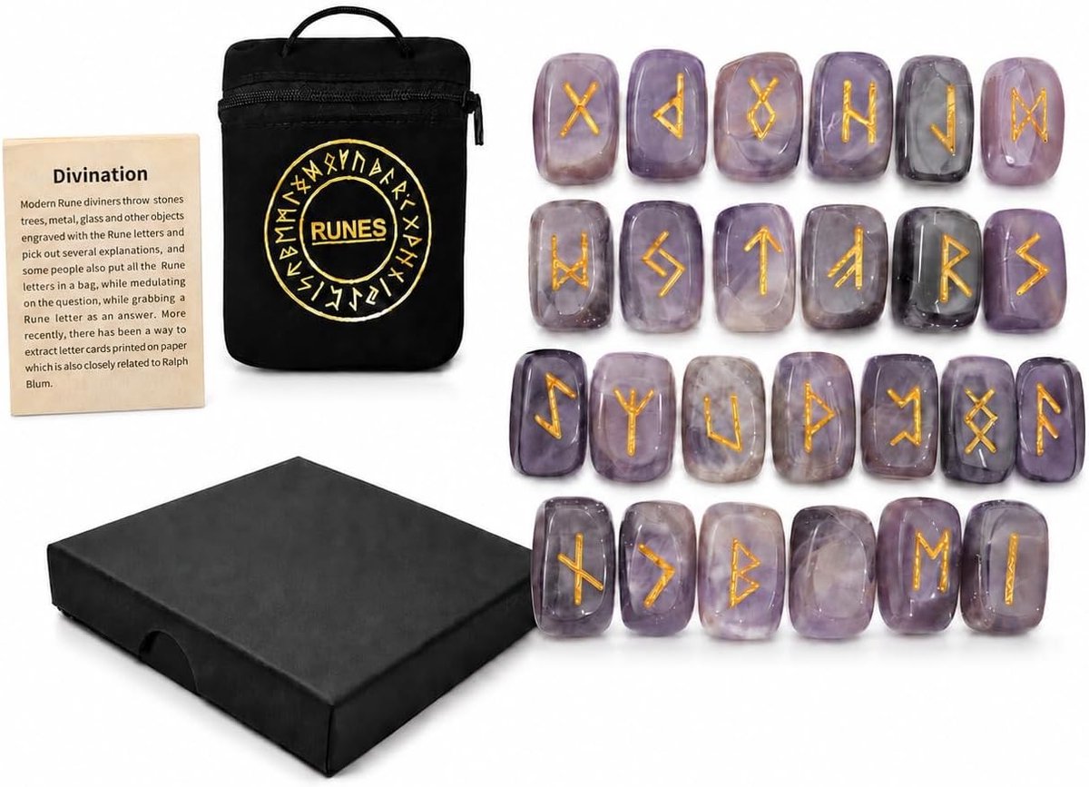 Elder Futhark Rune Set met Genezingstenen in Rozenkwarts en Fluwelen Zak | Mythologie, Viking, Esoterie, Meditatie en Magie