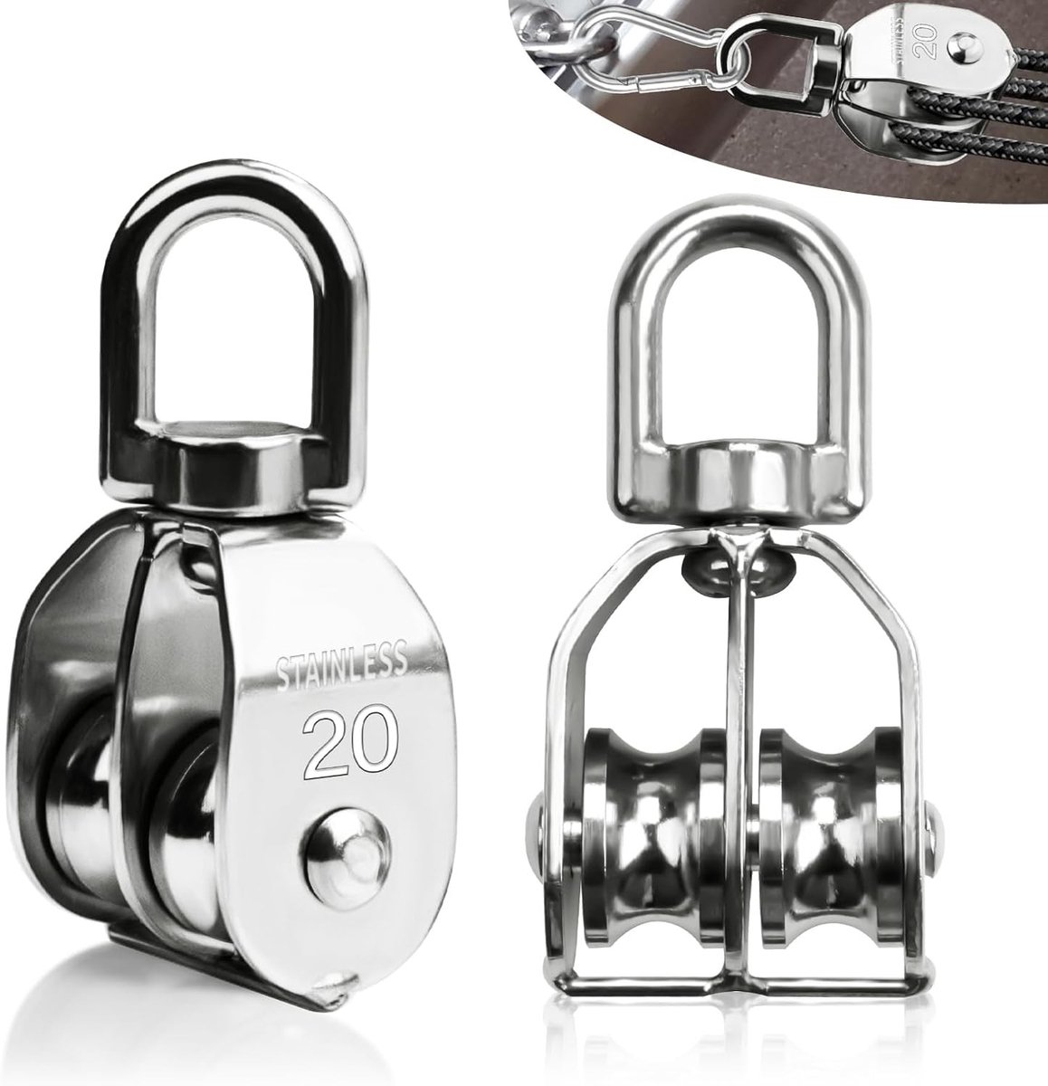 Umlenkrollen Set van 2 - Kleine 20 mm Kabelpulley met een Laadcapaciteit van 75 kg, RVS 304, Geschikt voor Fitness en Cables tot 8 mm