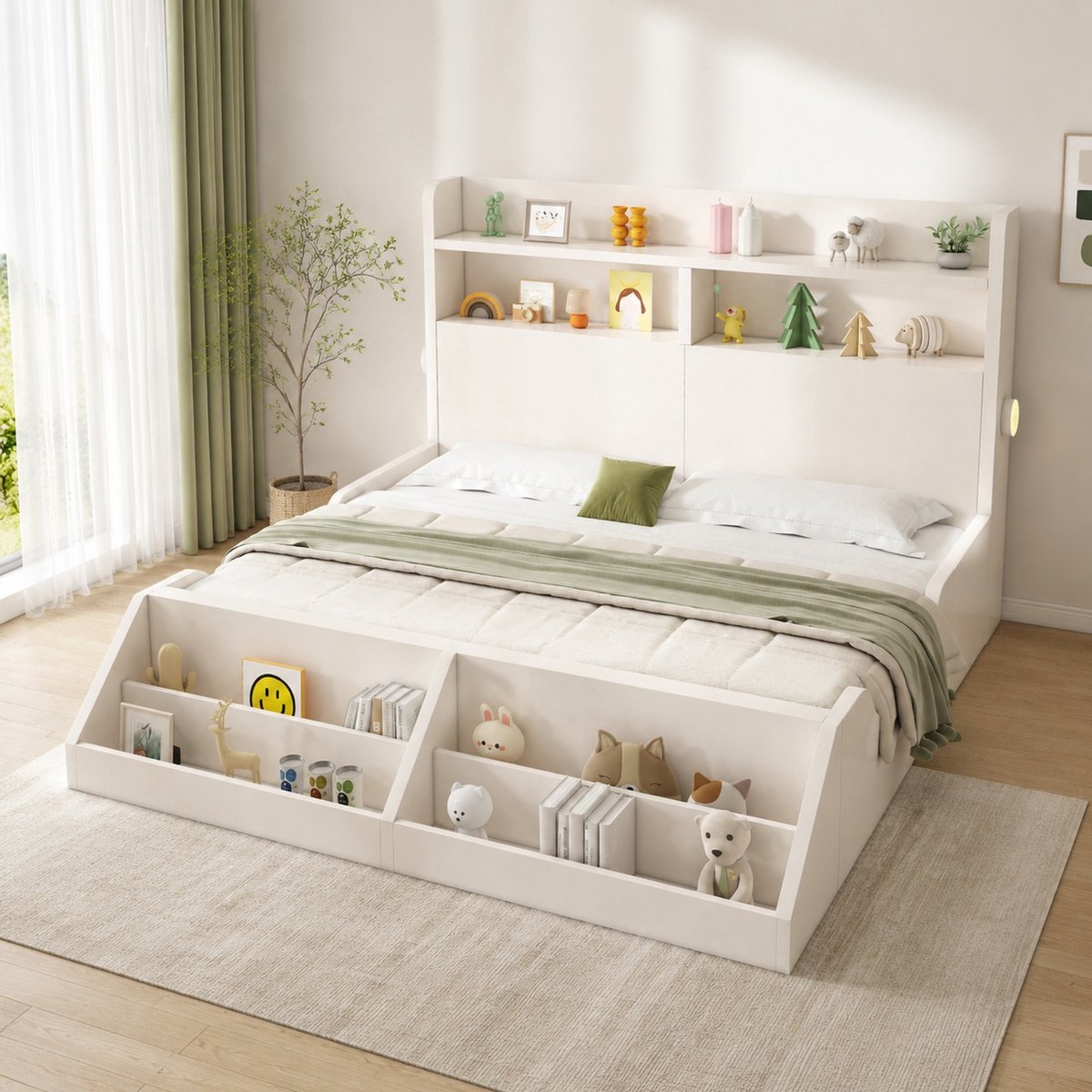 WUVRIE Tweepersoonsbed 140x200 cm met lattenbodem, nachtlampen en afneembaar boekenrek, wit