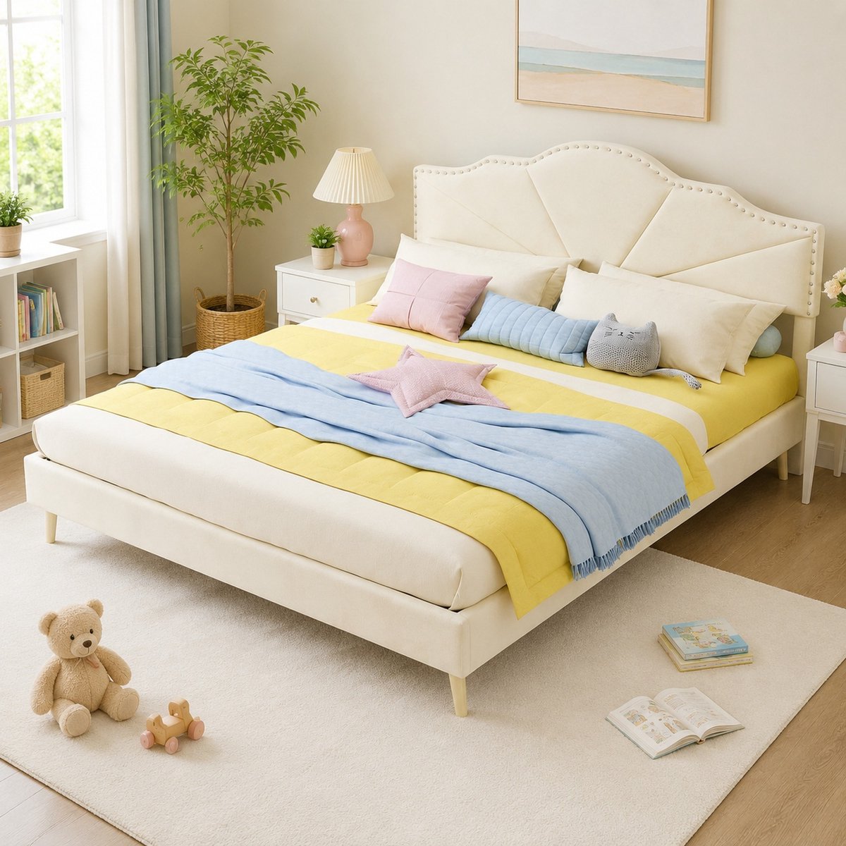 WUVRIE Gestoffeerd bedframe 160x200 cm met lattenbodem en gebogen hoofdbord, beige