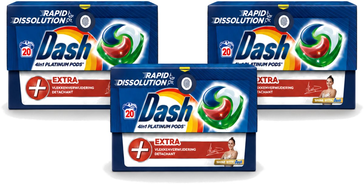 3 x Dash – Wasmiddel Pods 4-in-1 Platinum – Extra Vlekkenverwijdering – 20 Capsules - Voordeelverpakking - 3 stuks