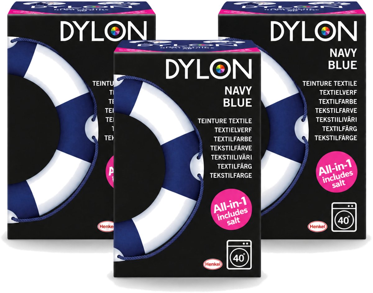 3 x Dylon - Textielverf - Navy Blue - All-in-One - Inclusief Zout - 350g - Voordeelverpakking - 3 stuks