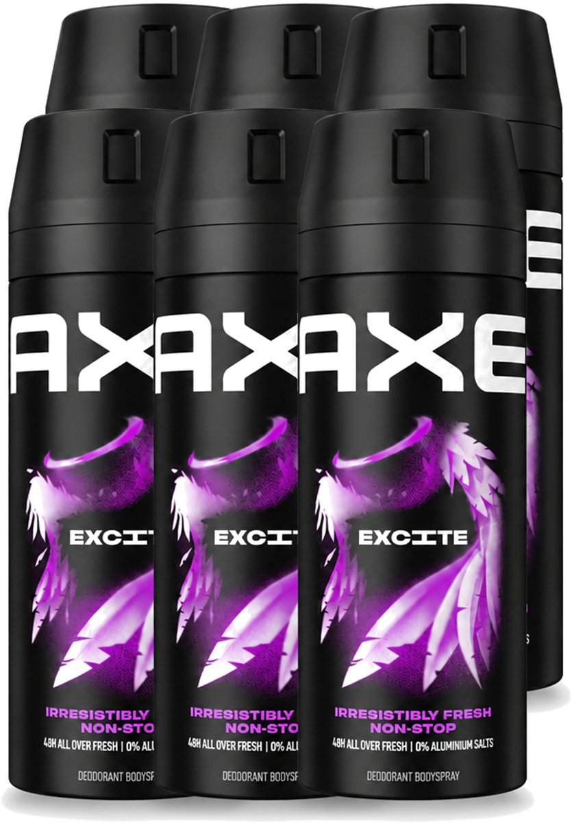 6 x Axe - Deodorant Bodyspray - 48hrs Fresh - Excite - Crisp Coconut & Black Pepper - 150 ml - Voordeelverpakking - 6 stuks