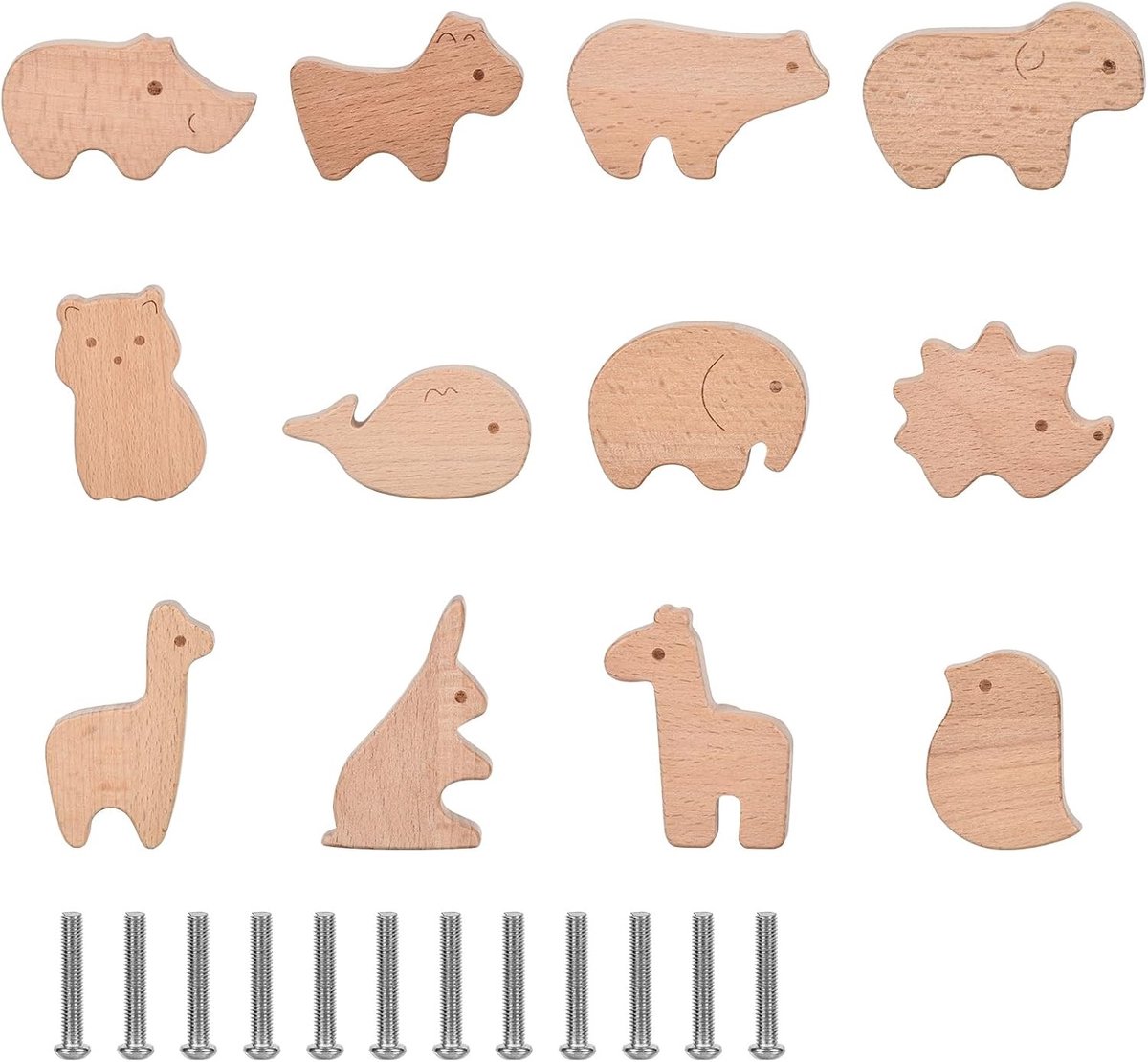 Dierlijke Houten Ladeknoppen voor Kinderen - 12 Stuks Schattige Meubelhendels voor Speelkamers en Kinderkamers