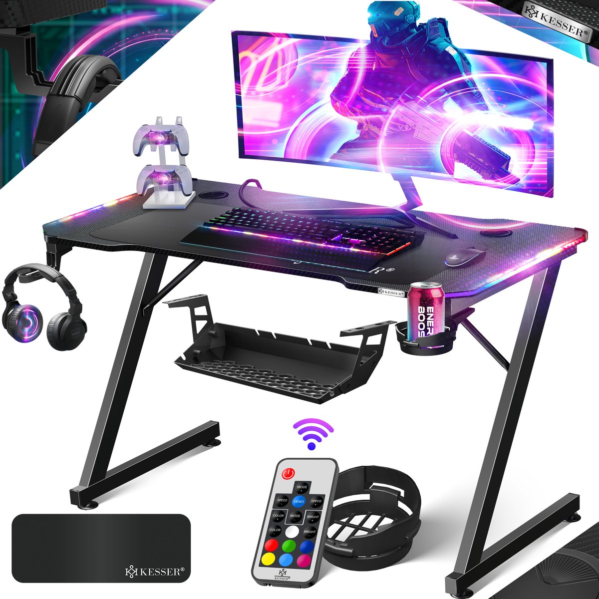 KESSER® Gamingtafel - Z-vorm bureau met koptelefoonhaak en bekerhouder - carbon look - zwart 160 x 60 cm