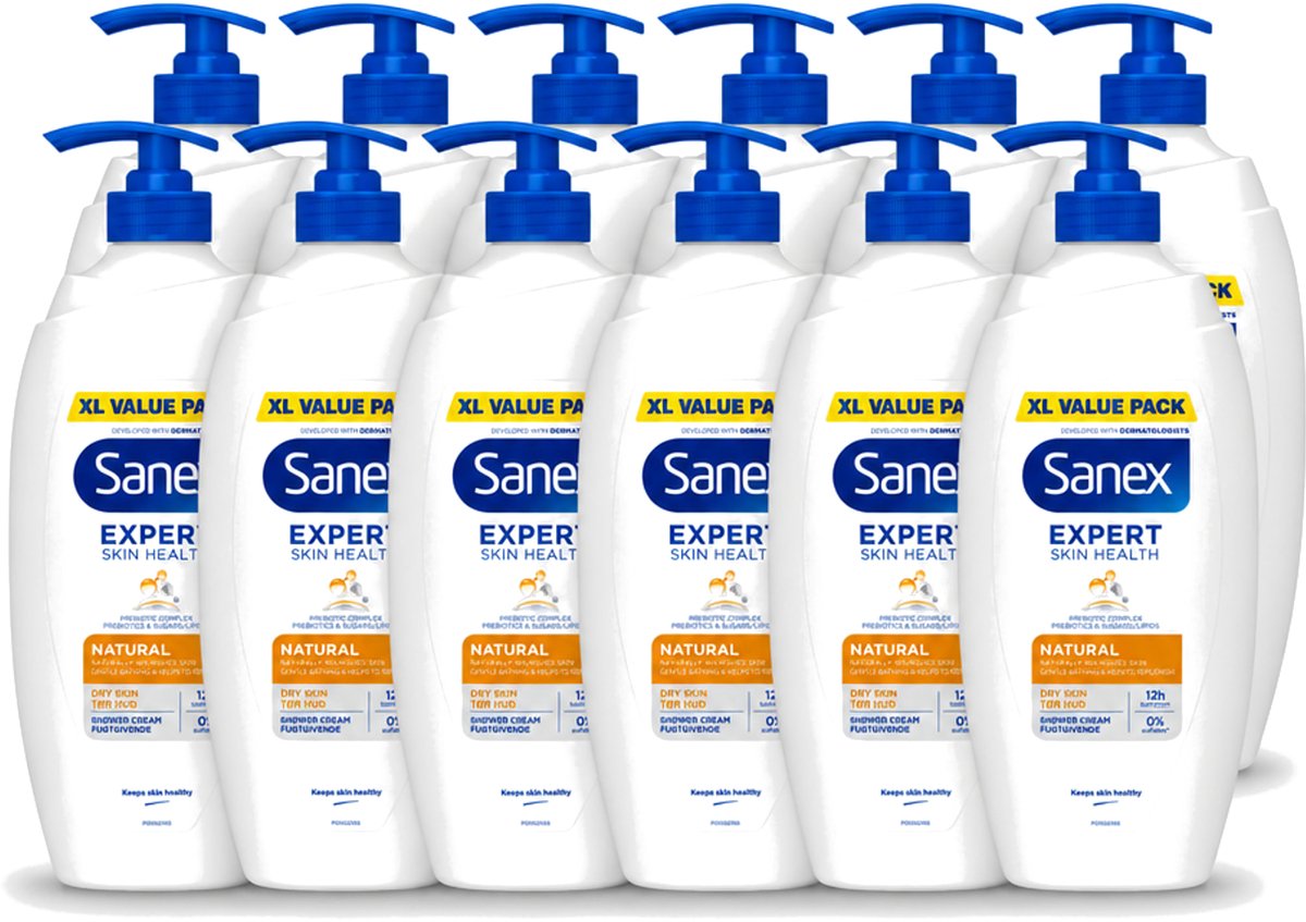 12 x Sanex – Douchecrème – Expert Skin Health Naturals – 750 ml - Voordeelverpakking - 12 stuks