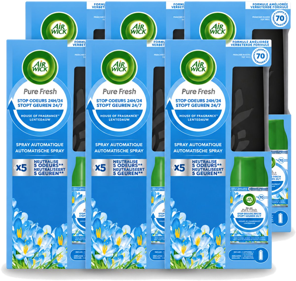 6 x Air Wick - Freshmatic Spray - Starterkit - Pure Fresh Lentedauw - 250 ml - Voordeelverpakking - 6 stuks