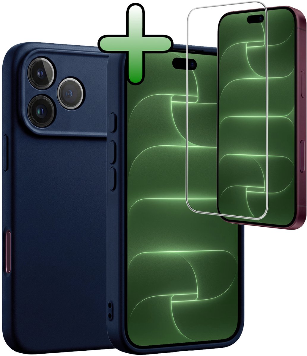 Hoesje Met Screenprotector - Geschikt voor Apple iPhone 18 Pro - Sterk & Shockproof - Back Cover - Siliconen Case - Telefoon Hoes - Donkerblauw