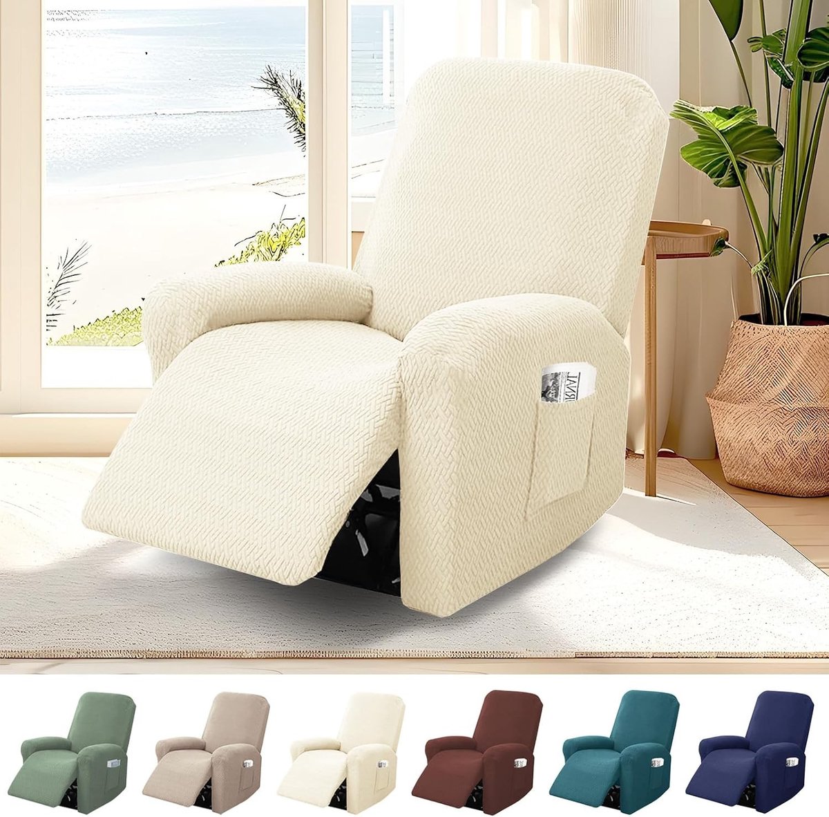 Stretch Stoelhoes voor 1-zits Stoel met Pocket, Jacquard Bescherming voor TV Stoel en Relaxstoel (Beige, 4-delige Set)